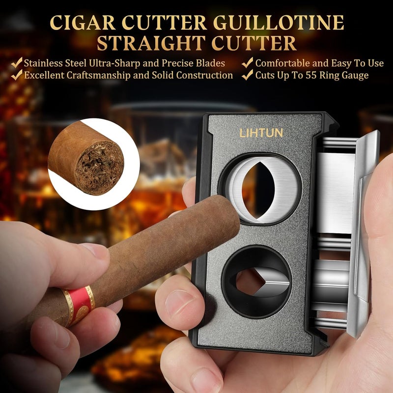 LIHTUN Cigar Cutter Guillotine 4 in 1 One Touch Straight Cut V Cutter with Cigar Punch Cigar Draw Enhancer, Stainless Steel Double Blade Cigar Clippers, Cuts Up to 60 Ring Gauge Cigars, Gift for Men - Image 4